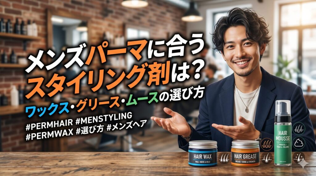 美容室でパーマスタイルの男性がヘアワックス・ヘアグリース・ヘアムースを紹介している画像｜メンズパーマに合うスタイリング剤の選び方