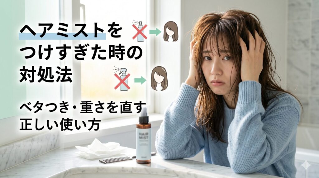 ヘアミストをつけすぎて髪がベタついた女性が鏡の前で髪を触っている様子。ヘアミストの正しい使い方と対処法を解説するアイキャッチ画像。
