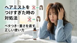 ヘアミストをつけすぎて髪がベタついた女性が鏡の前で髪を触っている様子。ヘアミストの正しい使い方と対処法を解説するアイキャッチ画像。