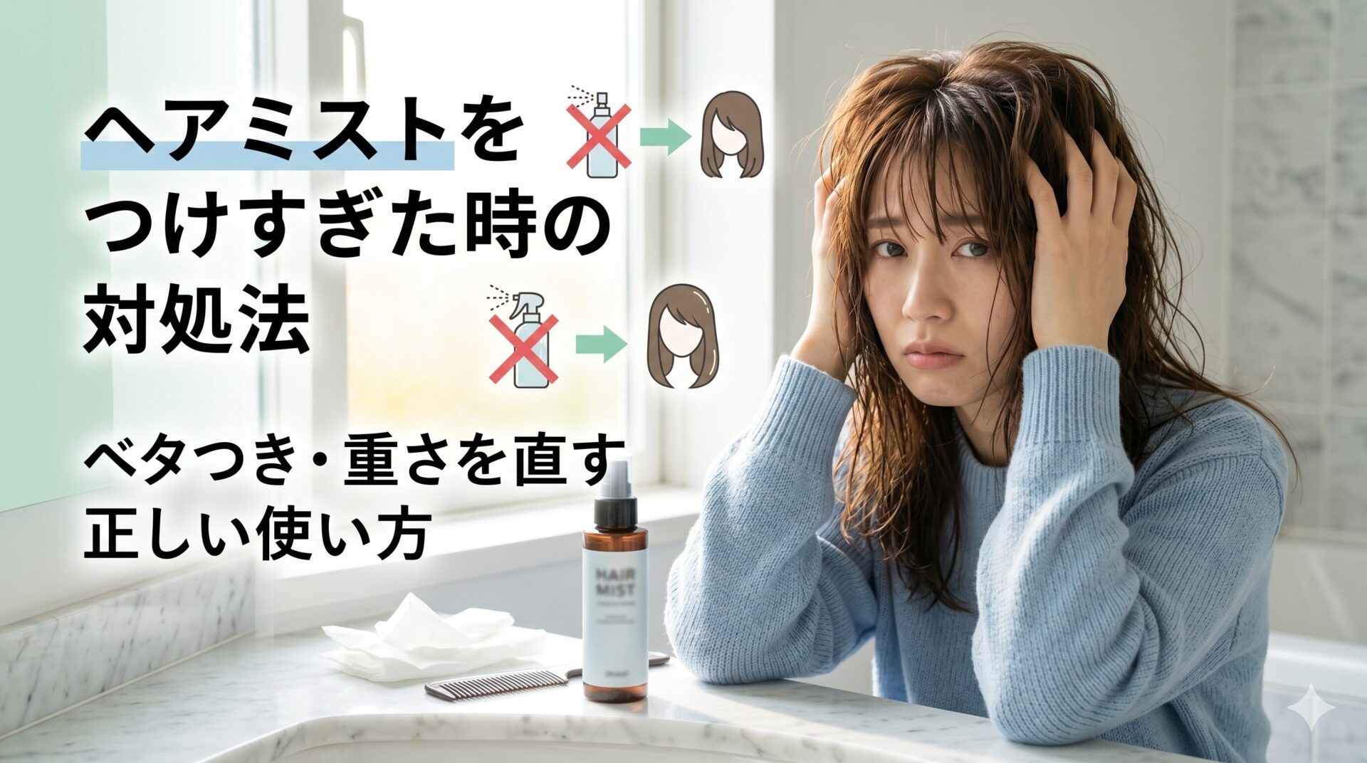 ヘアミストをつけすぎて髪がベタついた女性が鏡の前で髪を触っている様子。ヘアミストの正しい使い方と対処法を解説するアイキャッチ画像。