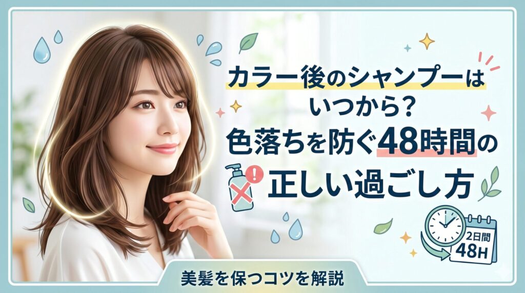 カラー後のシャンプーはいつから始めるべきかを解説するアイキャッチ画像。笑顔の女性と、色落ちを防ぐ48時間の目安を示すシャンプーボトルと時計のイラスト。