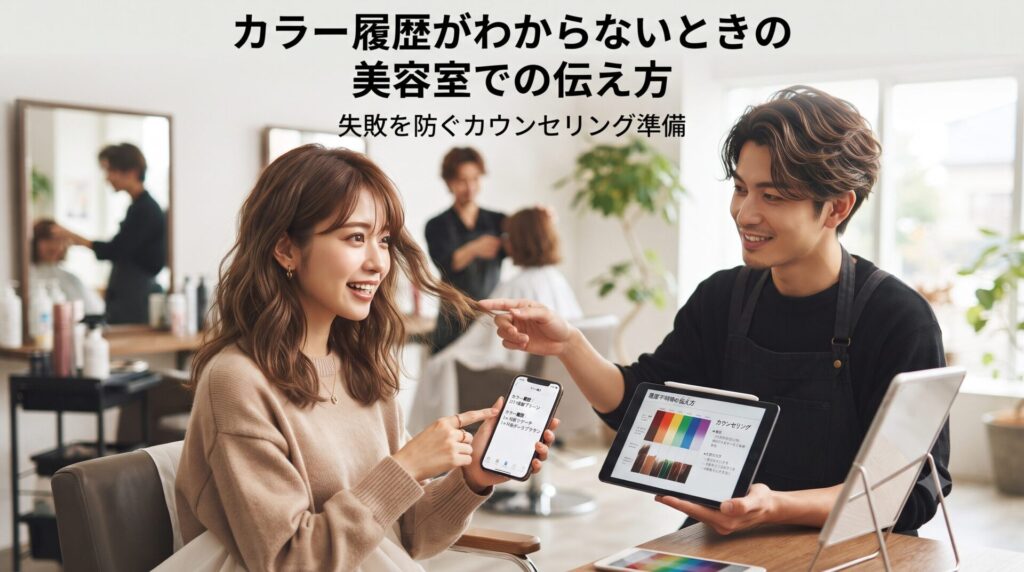 カラー履歴がわからないときの美容室での伝え方を解説する、美容師とお客様がカウンセリングでスマートフォンとタブレットのカラー履歴を確認しているイメージ写真