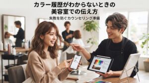 カラー履歴がわからないときの美容室での伝え方を解説する、美容師とお客様がカウンセリングでスマートフォンとタブレットのカラー履歴を確認しているイメージ写真