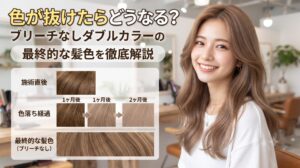 ブリーチなしダブルカラーの色落ち後の変化を示した比較図と、明るいブラウンの髪色の女性