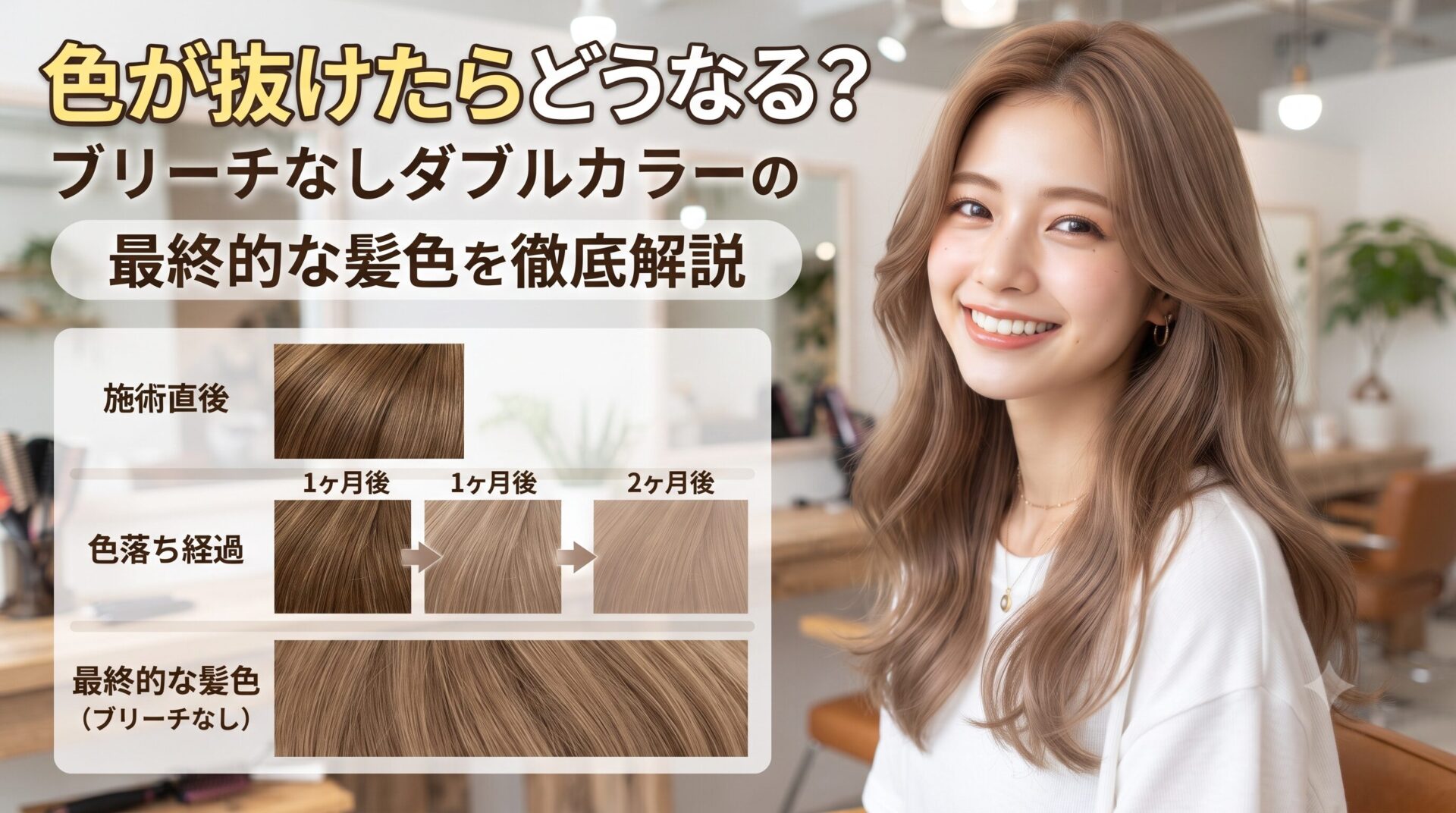 ブリーチなしダブルカラーの色落ち後の変化を示した比較図と、明るいブラウンの髪色の女性