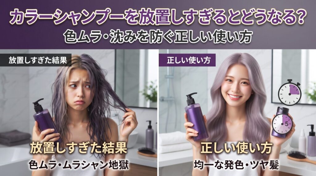 カラーシャンプーを放置しすぎるとどうなる？色ムラ・沈みを防ぐ正しい使い方を解説するアイキャッチ画像。放置しすぎて色ムラになった髪と、正しい時間で均一に発色したツヤ髪を比較したビフォーアフター画像