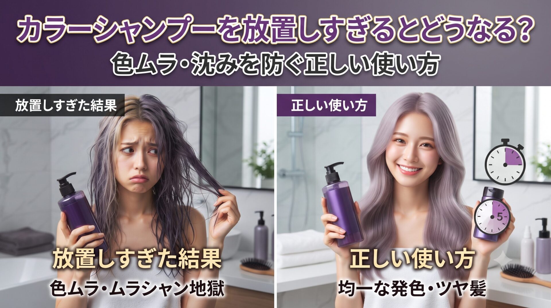 カラーシャンプーを放置しすぎるとどうなる？色ムラ・沈みを防ぐ正しい使い方を解説するアイキャッチ画像。放置しすぎて色ムラになった髪と、正しい時間で均一に発色したツヤ髪を比較したビフォーアフター画像