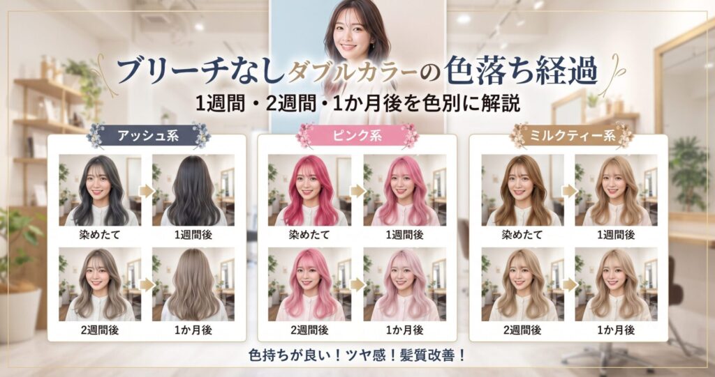 ブリーチなしダブルカラーの色落ち経過を、アッシュ系・ピンク系・ミルクティー系ごとに染めたてから1週間後、2週間後、1か月後まで比較した画像