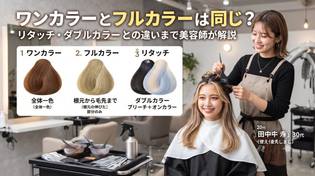 ワンカラーとフルカラー、リタッチ、ダブルカラーの違いを美容師が解説する美容室の施術イメージ