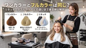 ワンカラーとフルカラー、リタッチ、ダブルカラーの違いを美容師が解説する美容室の施術イメージ