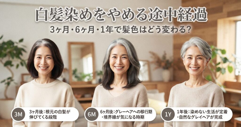 白髪染めをやめる途中経過を3ヶ月・6ヶ月・1年で比較した女性の髪色変化イメージ