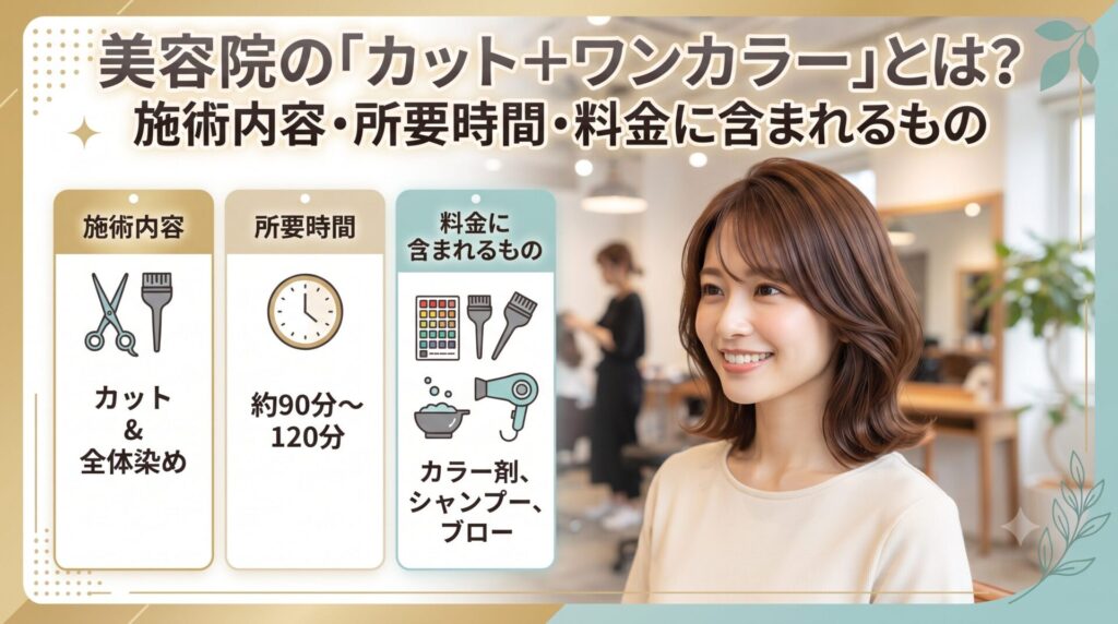 カット＋ワンカラーの施術内容・所要時間・料金に含まれるものを図解したアイキャッチと女性