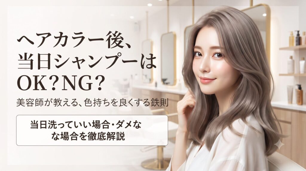 ヘアカラー後のシャンプーはいつからにすべきか、美容室でツヤのある髪を見せながら当日洗っていい場合とダメな場合を紹介しているイメージ