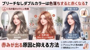 ブリーチなしダブルカラーの施術直後と赤みが出た色落ち後、アッシュ系カラーによる予防・ケア方法を比較した解説画像