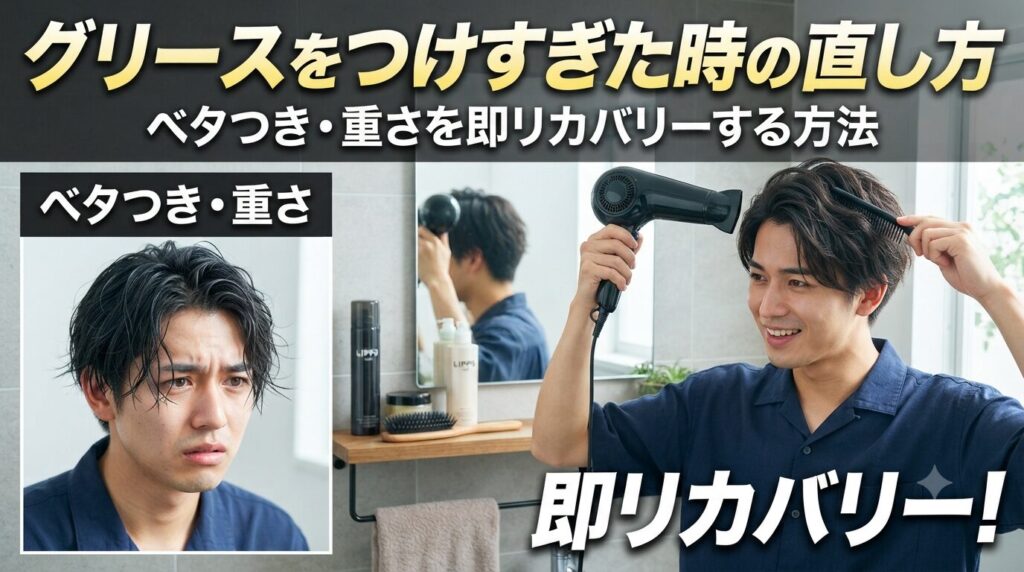 グリースをつけすぎた時の直し方を解説するアイキャッチ画像。ベタつき・重さに悩む男性とドライヤーで即リカバリーする様子