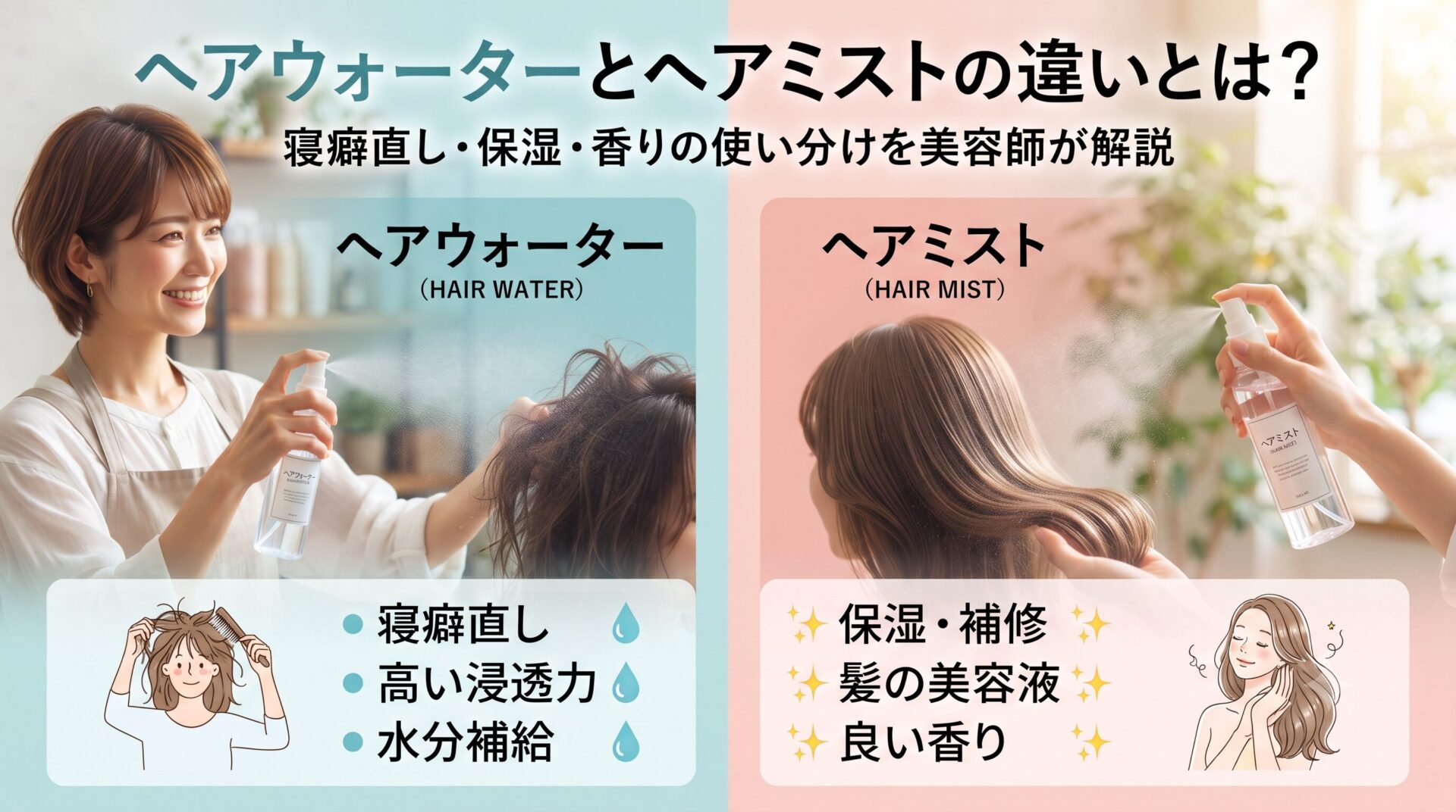 ヘアウォーターとヘアミストの違いを解説するアイキャッチ画像。左は寝癖直しに使うヘアウォーター、右は保湿・香りづけに使うヘアミストを美容師がスプレーしている比較イラスト