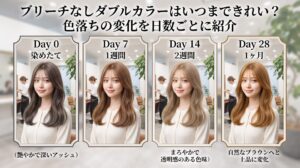 ブリーチなしダブルカラーの色落ちを、染めたて・1週間後・2週間後・1か月後の4段階で比較した経過画像
