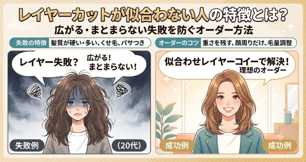 レイヤーカットが似合わない人の特徴を解説するアイキャッチ画像。広がる・まとまらない失敗例と、似合わせオーダーによる成功例を対比したイラスト