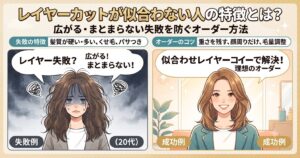 レイヤーカットが似合わない人の特徴を解説するアイキャッチ画像。広がる・まとまらない失敗例と、似合わせオーダーによる成功例を対比したイラスト