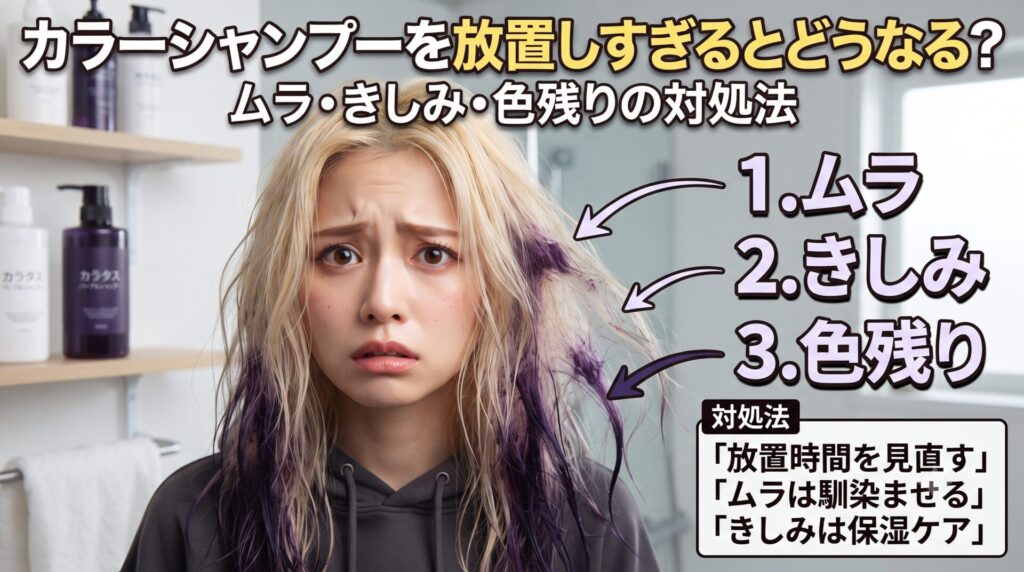 カラーシャンプーの放置しすぎで毛先にムラ・きしみ・色残りが出てしまった髪を心配そうに見ている女性のイメージ