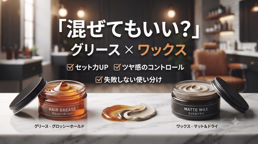 グリースとワックスを混ぜてもいいか解説するアイキャッチ画像、セット力アップとツヤ感コントロールのポイント付き