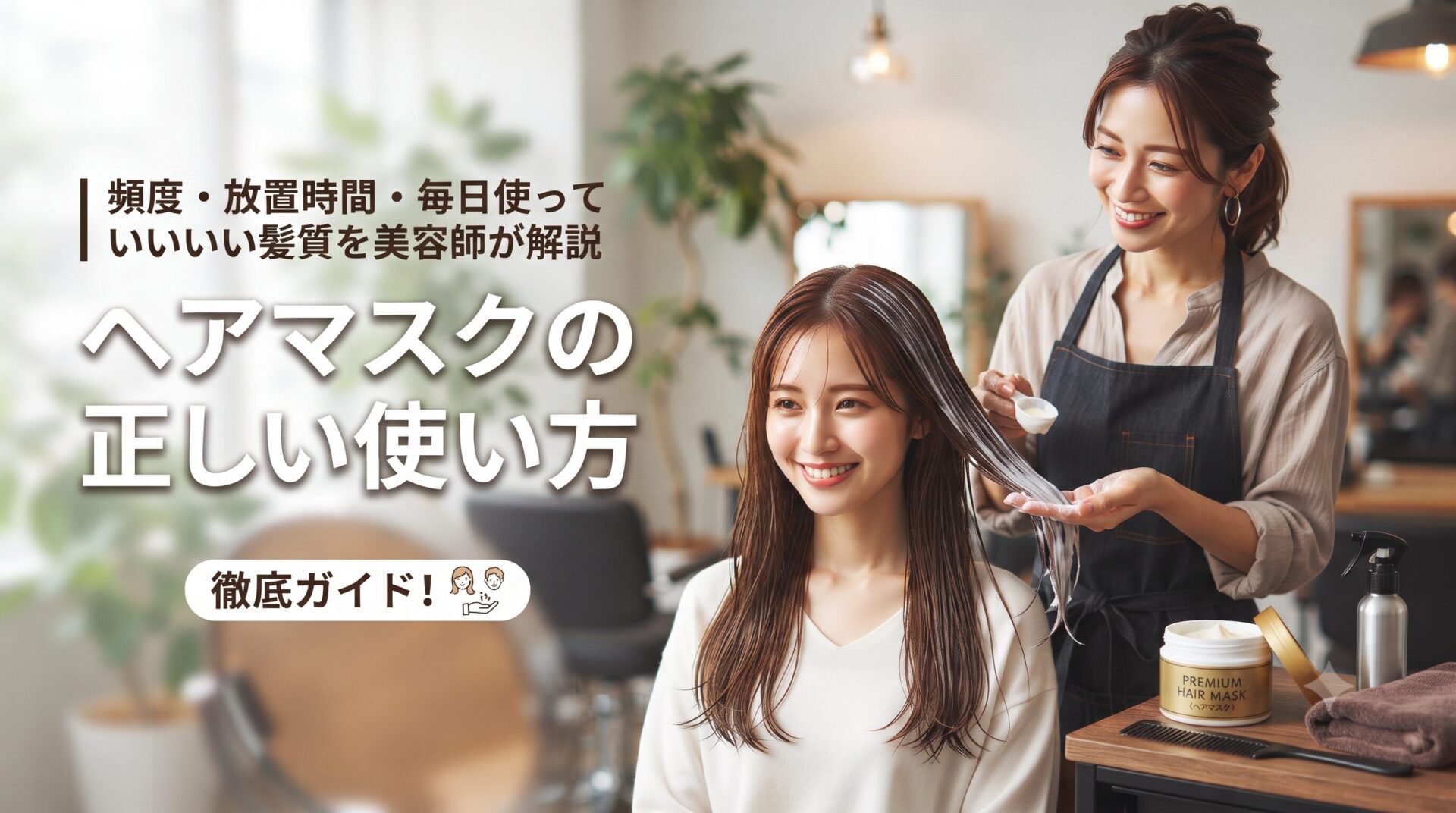美容師がサロンでお客様の髪にヘアマスクを塗布している様子。ヘアマスクの正しい使い方、頻度・放置時間・毎日使っていい髪質を解説するアイキャッチ画像
