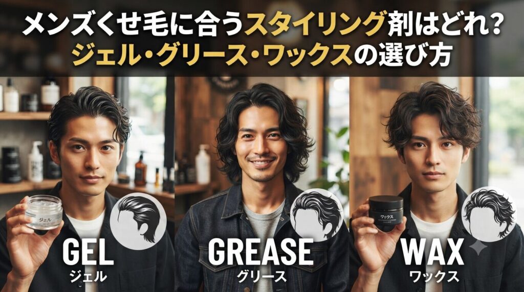 メンズくせ毛に合うジェル・グリース・ワックスを比較する男性3名の画像