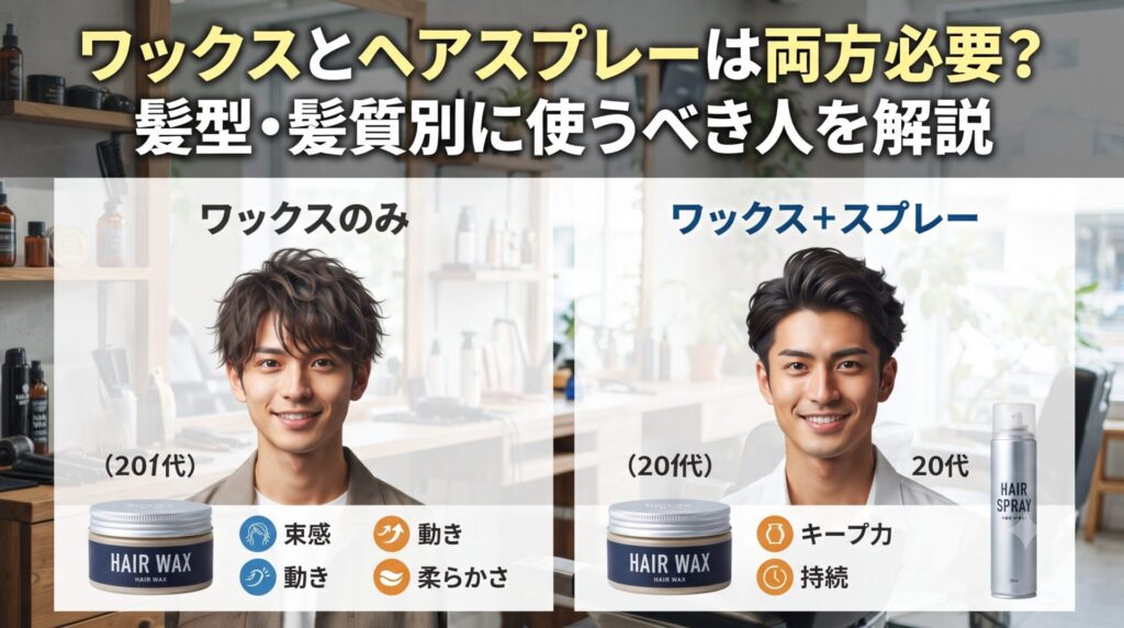 ワックスのみとワックス＋スプレーの仕上がりを髪型・髪質別に比較した図解と2人の男性