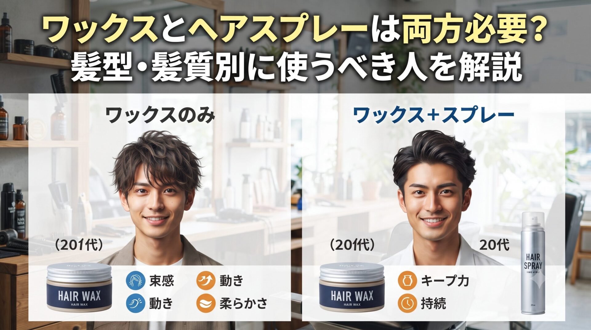ワックスのみとワックス＋スプレーの仕上がりを髪型・髪質別に比較した図解と2人の男性