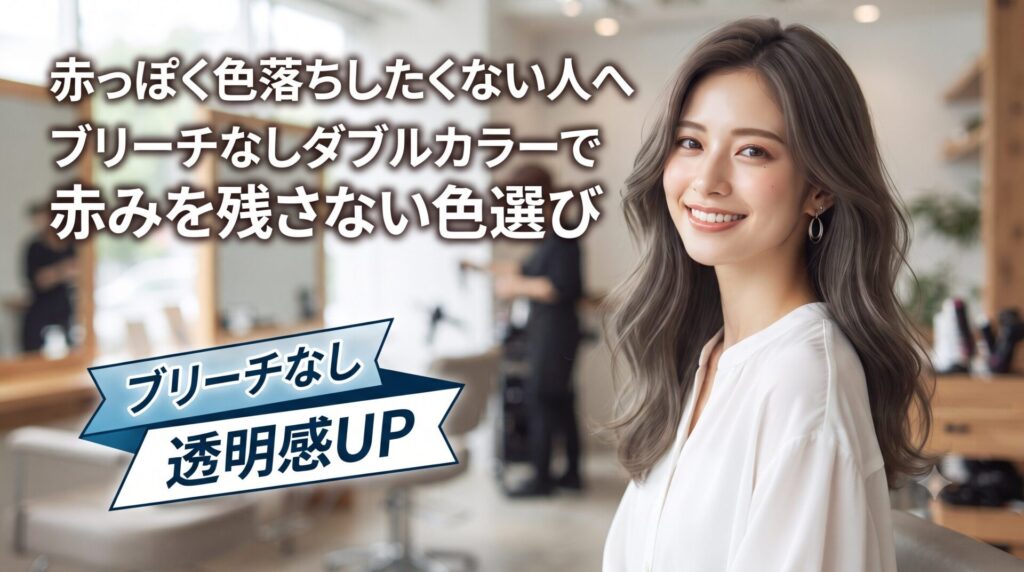 赤っぽい色落ちを避けたい方向けに、ブリーチなしダブルカラーで赤みを抑えた透明感のある髪色を紹介する美容室のイメージ画像