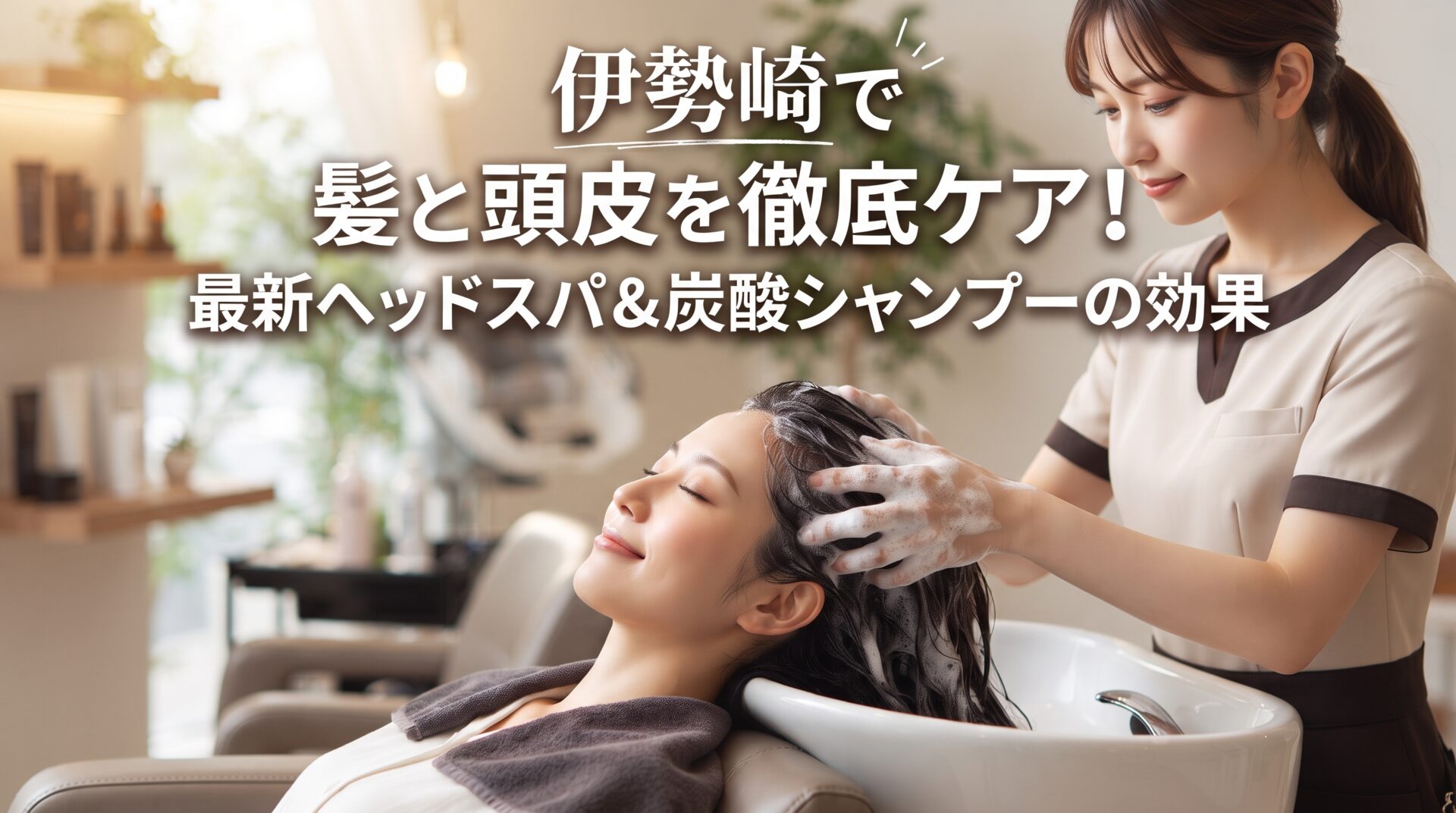 美容室のシャンプー台でヘッドスパを受けリラックスする女性と施術する美容師
