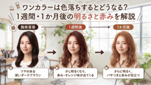 ワンカラーの色落ちを施術直後・1週間後・1か月後で比較した女性の髪。明るさと赤みの変化がわかるアイキャッチ画像。