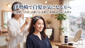 伊勢崎の美容室ONLY.の美容師が、お客様の分け目の白髪に白髪隠しパウダーをブラシでのせている様子を写したアイキャッチ画像