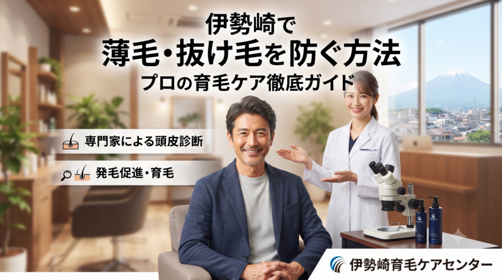 伊勢崎で薄毛・抜け毛の頭皮ケアについて、白衣の専門家が男性に説明する様子と頭皮診断の機材
