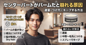 センターパートに整えた男性と、バームで崩れる原因や適量・つけ方・キープ方法を示した図解