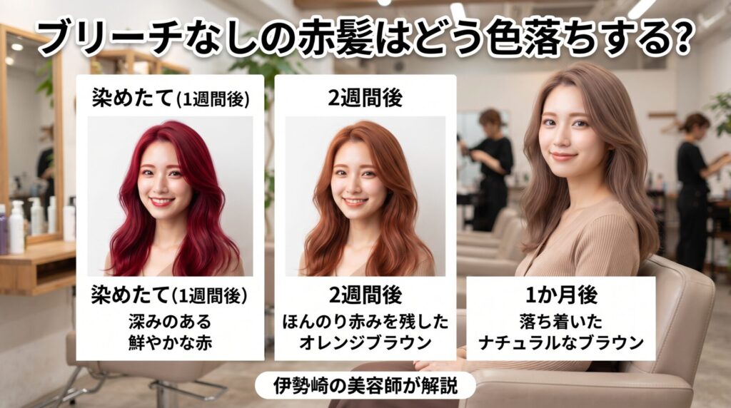ブリーチなしの赤髪が、染めたて・2週間後・1か月後へと色落ちしていく変化を比較した伊勢崎の美容室ONLY.のアイキャッチ画像