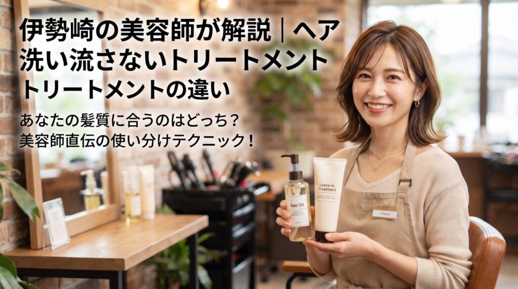 美容室でヘアオイルと洗い流さないトリートメントを手に持ち微笑む女性美容師