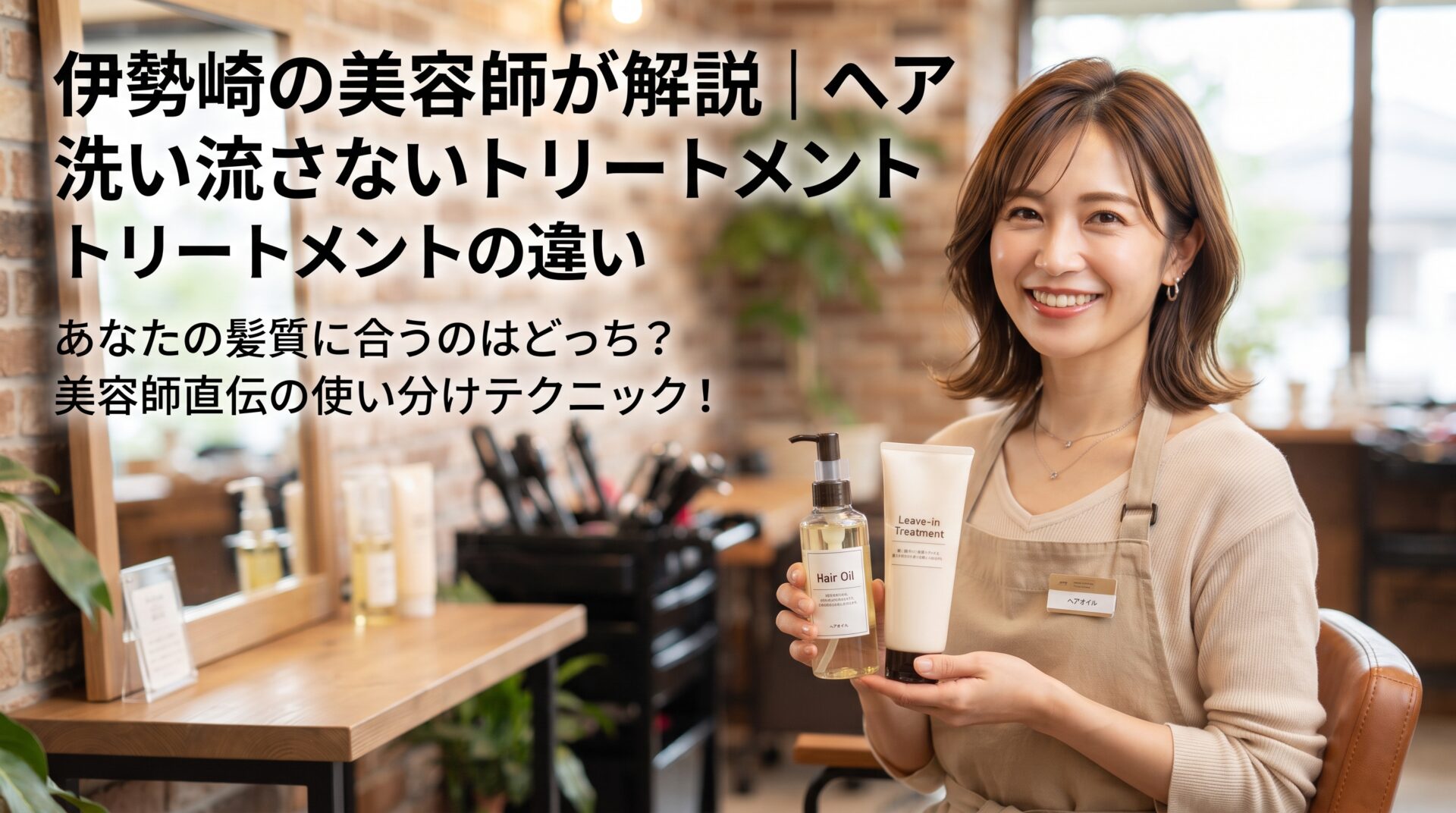 美容室でヘアオイルと洗い流さないトリートメントを手に持ち微笑む女性美容師