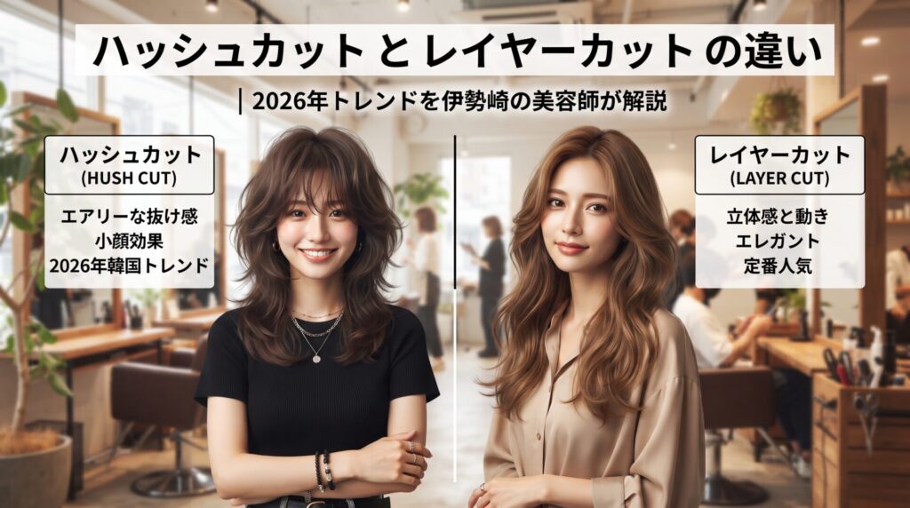 ハッシュカットとレイヤーカットの仕上がりを左右で比較した、伊勢崎の美容室ONLY.のアイキャッチ画像