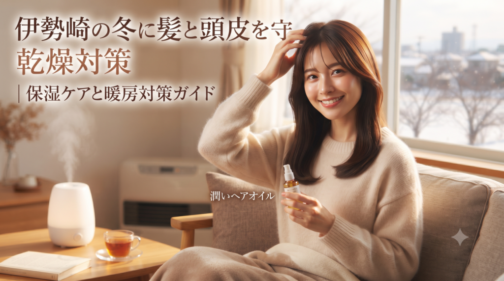 冬の室内で加湿器のそばヘアオイルを手にツヤ髪をなびかせ微笑む女性