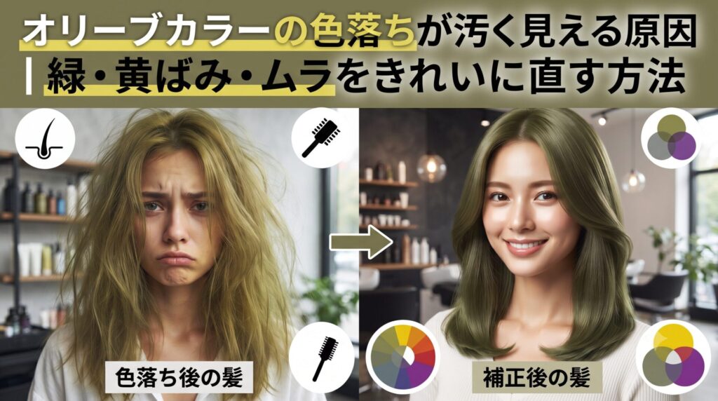 オリーブカラーの色落ちで緑・黄ばみ・ムラが目立つ髪と、補正後の艶やかなオリーブカラーを比較したイメージ