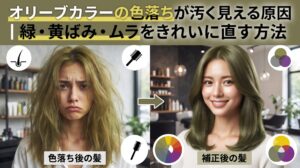 オリーブカラーの色落ちで緑・黄ばみ・ムラが目立つ髪と、補正後の艶やかなオリーブカラーを比較したイメージ