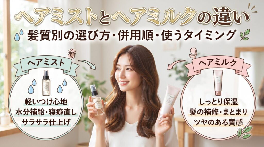 ヘアミストとヘアミルクを両手に持ち違いを比較する女性。水分補給のミストと保湿・補修のミルクの特徴がわかるアイキャッチ画像。