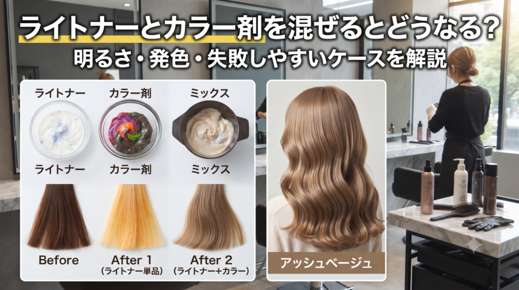 ライトナーとカラー剤を混ぜた仕上がりを比較するアイキャッチ画像。ライトナー単品とライトナー＋カラーのビフォーアフターとアッシュベージュの実例。