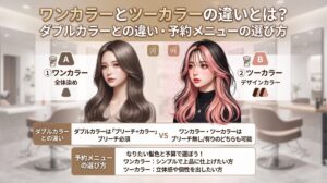 ワンカラーの全体染めとツーカラーのデザインカラーを女性の髪型で比較し、ダブルカラーとの違いや予約メニューの選び方を示した画像