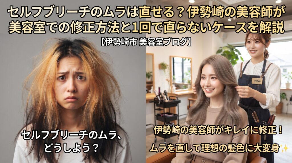 セルフブリーチでムラになった髪と、伊勢崎の美容室ONLY.の美容師がキレイに修正した髪を対比したアイキャッチ画像