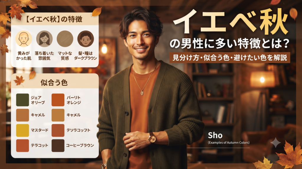 イエベ秋の男性の特徴と似合う色見本を示したアイキャッチ画像。黄みがかった肌の男性とオリーブやテラコッタなどのカラーパレット。