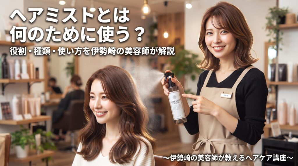 伊勢崎の美容室ONLY.の美容師が、お客様の髪にヘアミストを吹きかけて役割や使い方を紹介するアイキャッチ画像