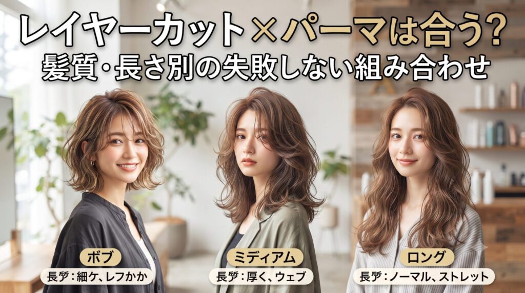 レイヤーカットにパーマを合わせたボブ・ミディアム・ロングの3スタイルを並べた、髪質・長さ別の組み合わせがわかるアイキャッチ画像。