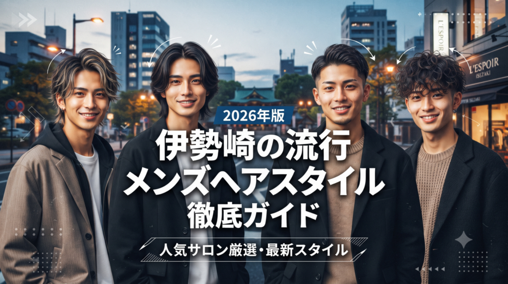 2026年の流行メンズヘアスタイルを取り入れた4人の男性が街並みを背景に並ぶ様子